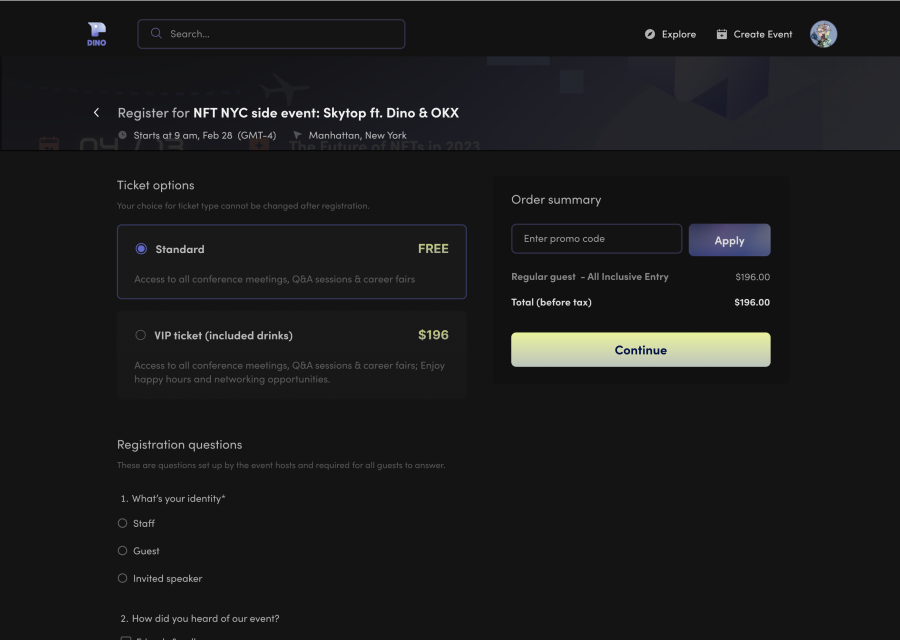 Dino event registration checkout